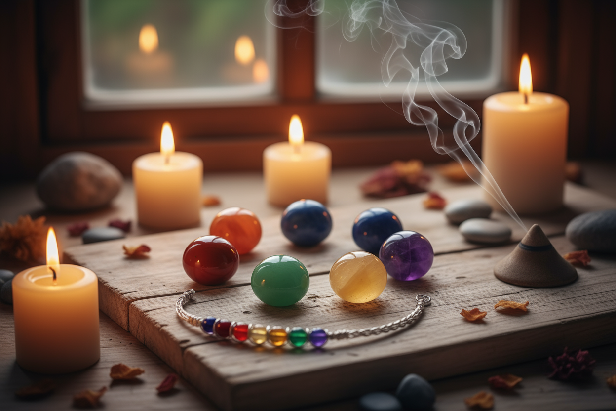 candle, seven chakra, healing stone, bracelet